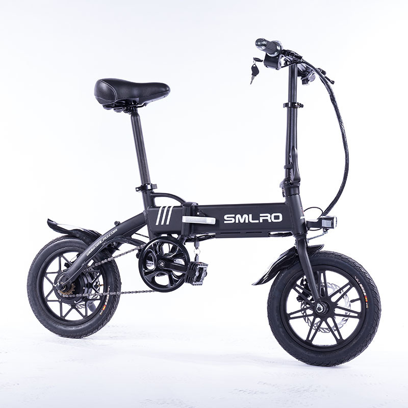 Black Lightweight Foldable Electric Bike Pedals Power Assist 14 Inch Wheels